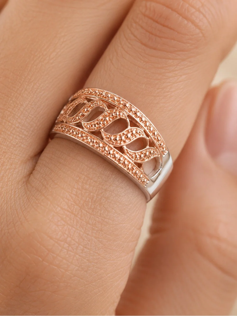 Natural Champagne Diamond Accent Swirl Ring Rose Gold & Platinum Bond Brass